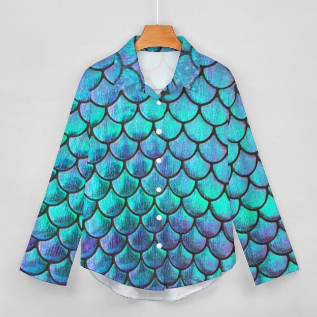 Personalized Mermaid Fish Scale Button Down Shirts- Custom Women Long Sleeve Blouse Tops Gift for Her