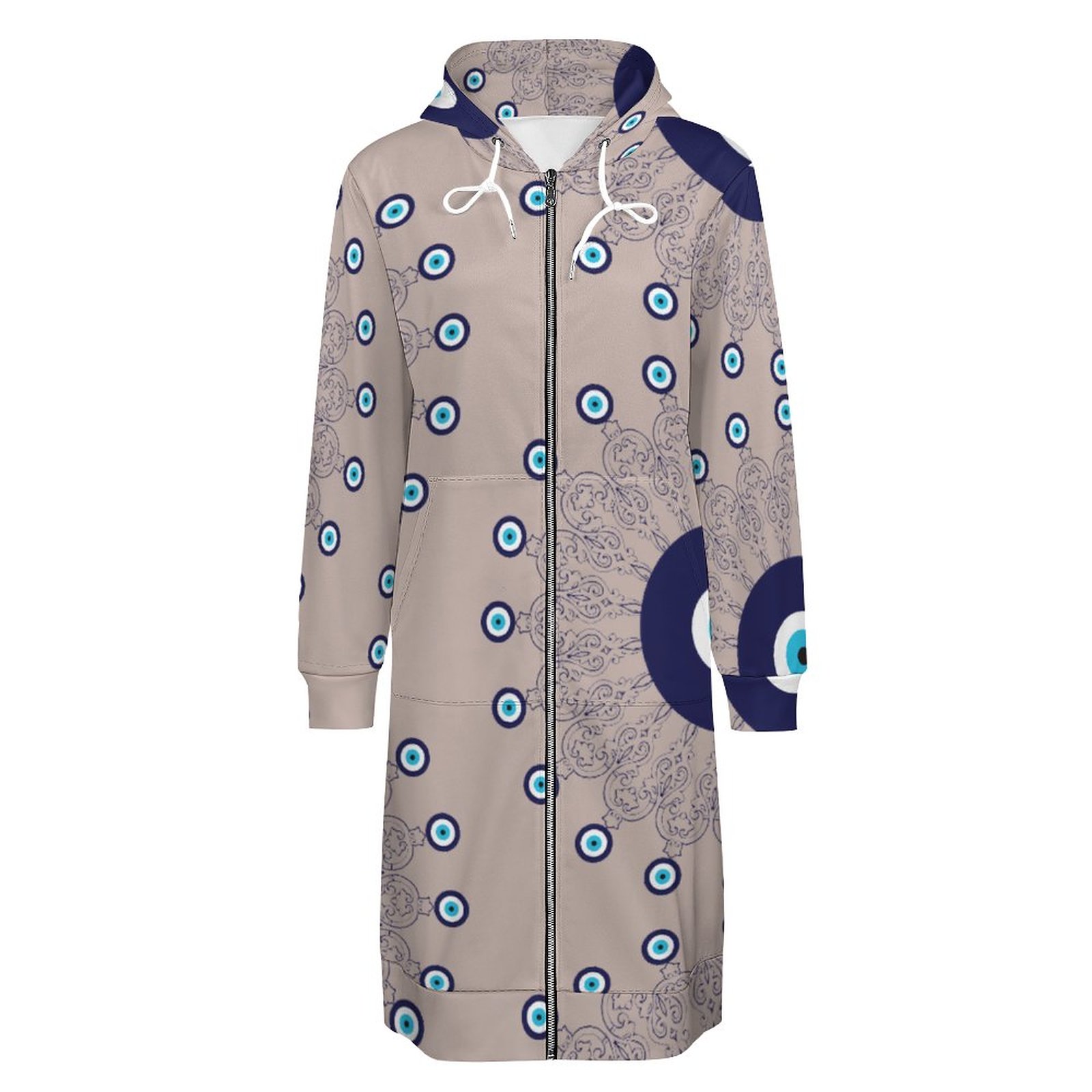 Mediterranean Blue Aqua Evil Eye Mandala Zip Up Long Hoodie Jacket Women Tunic Sweatshirt Plus Size Open Front Cardigan Outfits