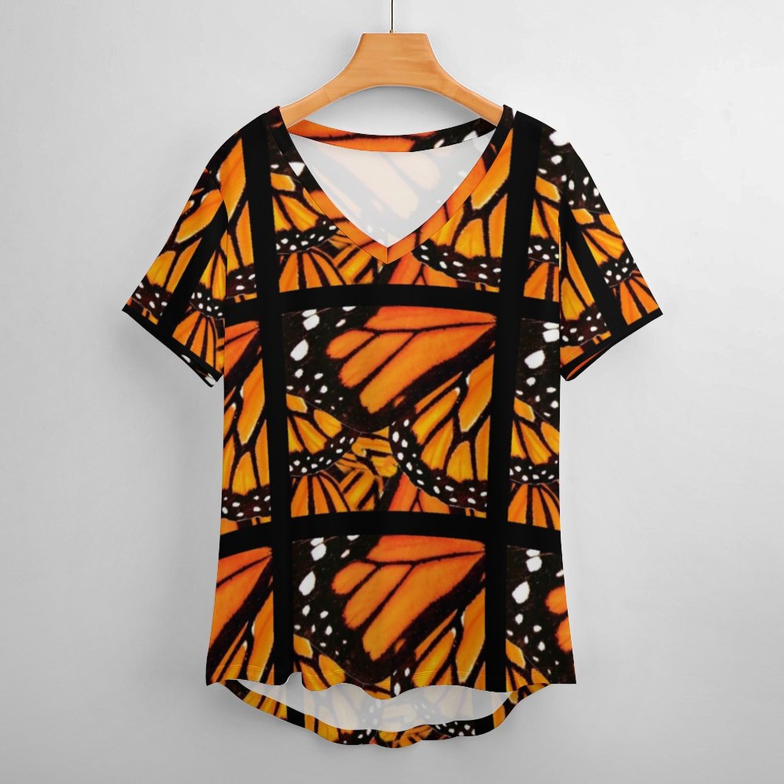 Orange Black Monarch Butterfly Wing Womens Summer Casual T Shirts Boho Full Print Short Sleeve Loose Hippie Tunic Tops-Charlylifestyle