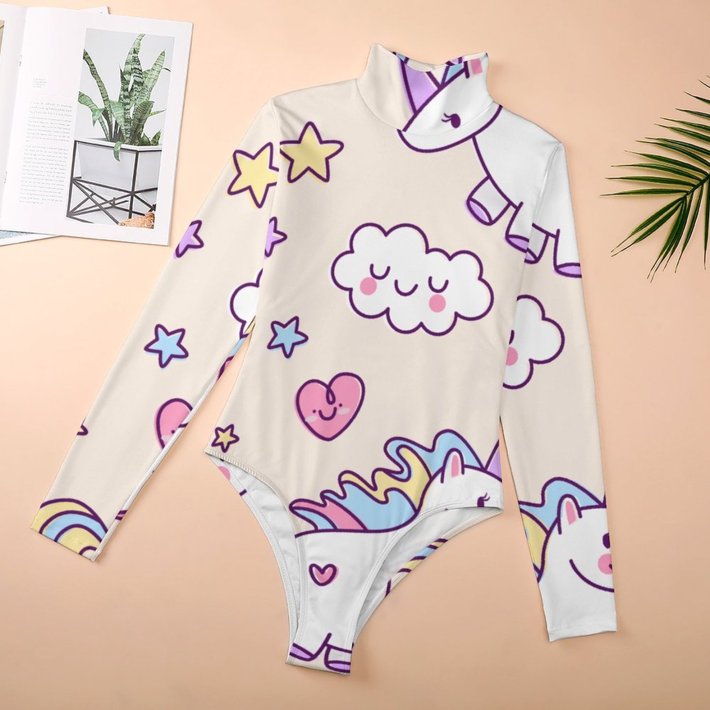 Personalized Chubby Flying Unicorns Rainbow Women Mock Turtle Neck Bodysuit -Custom Body Suit Basic Rompers Jumpsuit