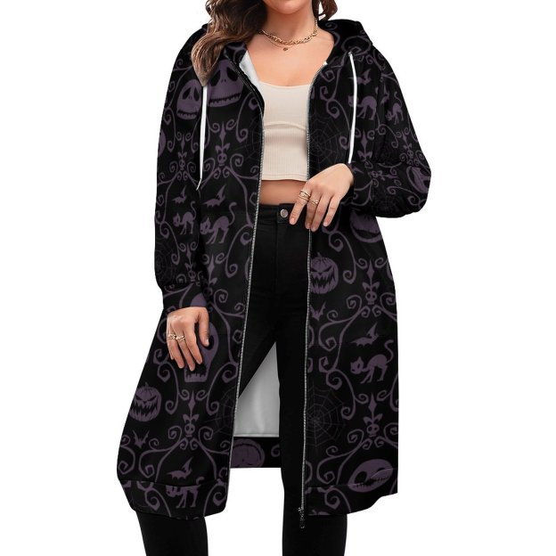 Jack Skellington Halloween Filigree Zip Up Long Hoodie Jacket Women Tunic Sweatshirt Plus Size Open Front Cardigan Outfits