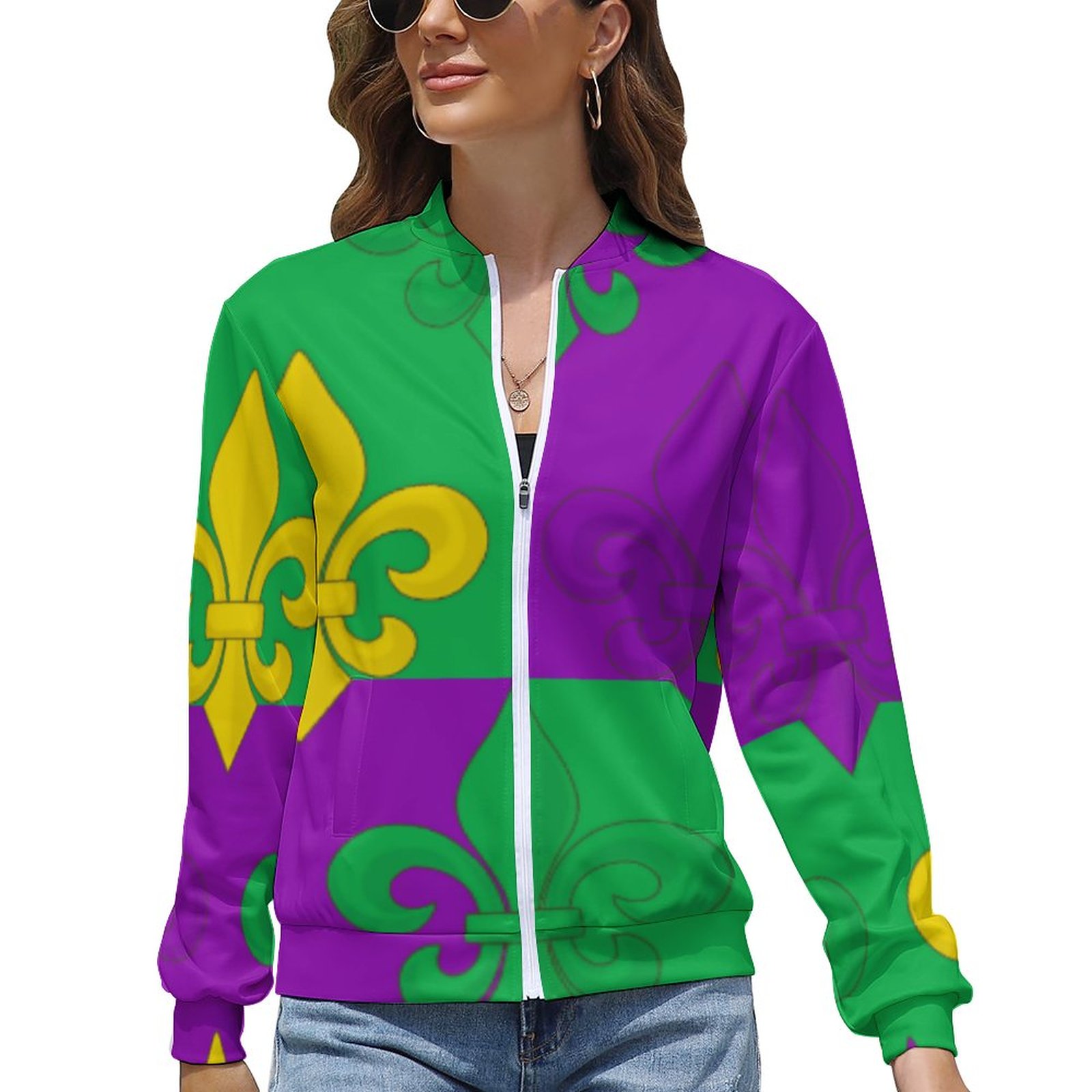 Women Zipper Front Mardi Gras French Fleur De Lis Print Long Sleeve Jackets Baseball Collar Casual Work Office Blazer