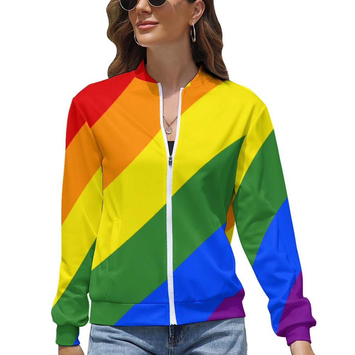 Women Zipper Front Lgbt Pride Diagonal Rainbow Stripe Print Long Sleeve Jackets Baseball Collar Casual Work Office Blazer