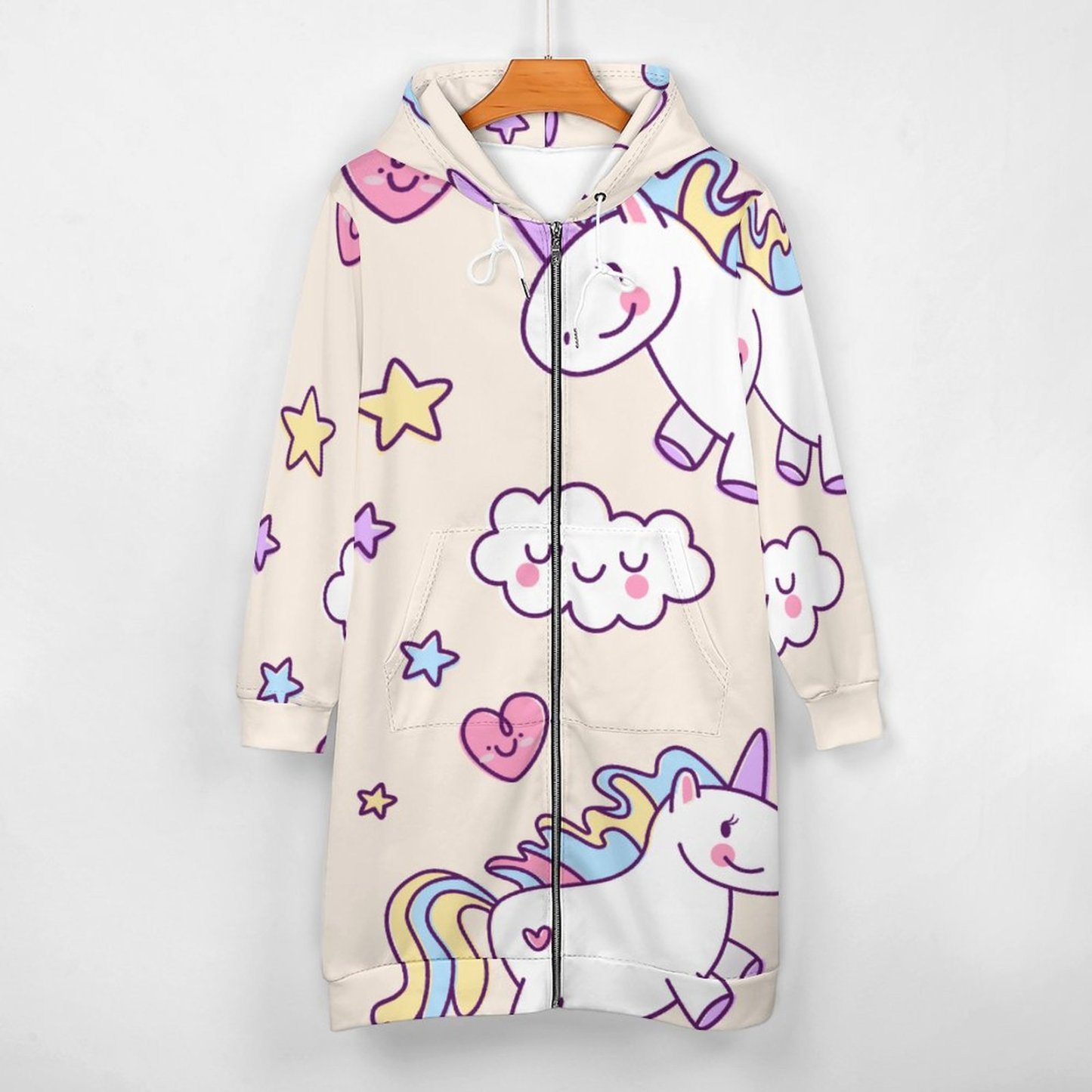 Kawaii Chubby Flying Unicorns Rainbow Zip Up Long Hoodie Jacket Women Tunic Sweatshirt Plus Size Open Front Cardigan Outfits