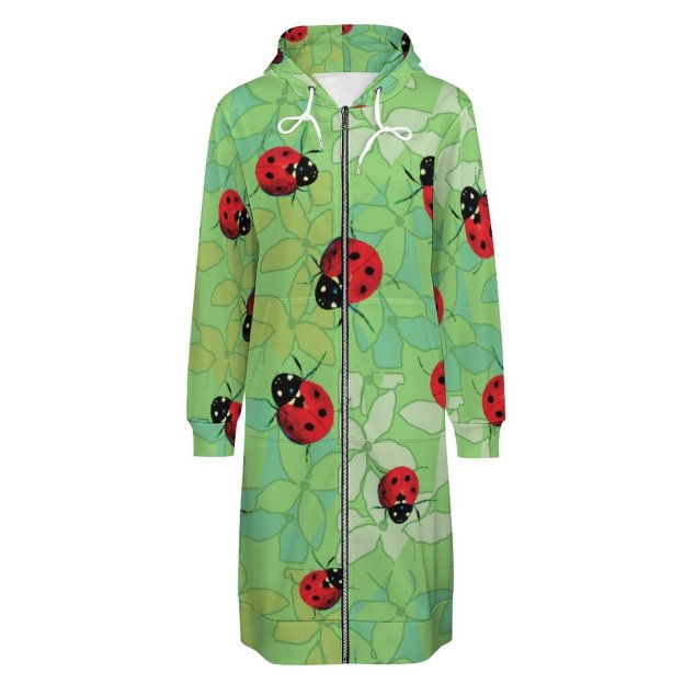 Ladybug Petals Green Zip Up Long Hoodie Jacket Coat Women Tunic Sweatshirt Loose Plus Size Open Front Cardigan Outfits