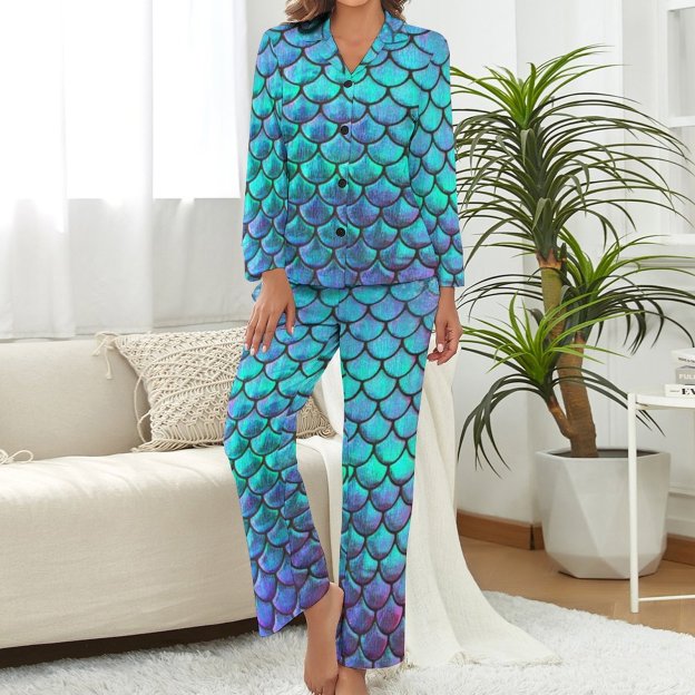 Personalized Mermaid Fish Scale Two Piece Pajamas Custom Women Long Sleeve Sleepwear Button Front Pjs Set