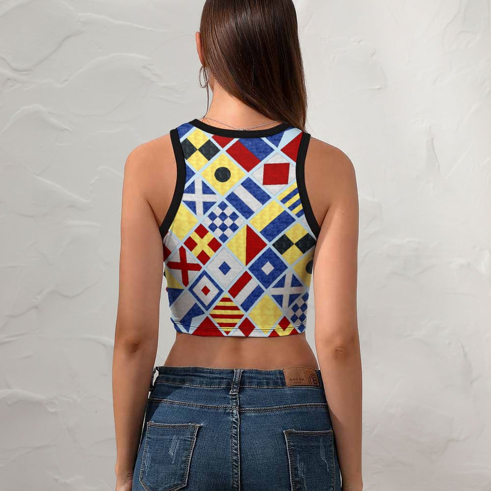 Women Mariners Watercolor Nautical Flags Crew Neck Crop Tank Basic Sleeveless Graphic Tee Tops-Charlylifestyle