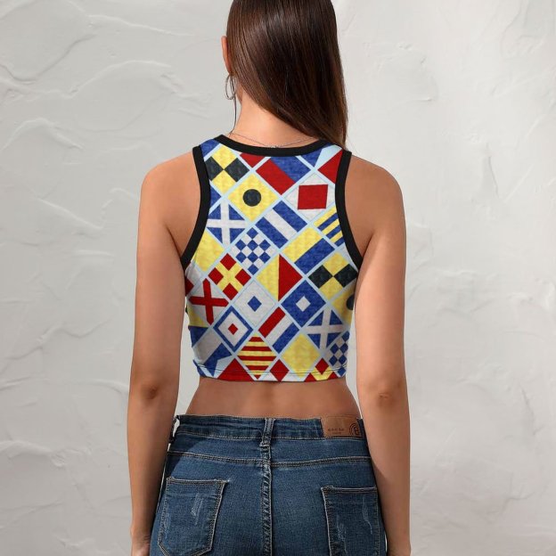 Women Mariners Watercolor Nautical Flags Crew Neck Crop Tank Basic Sleeveless Graphic Tee Tops-Charlylifestyle