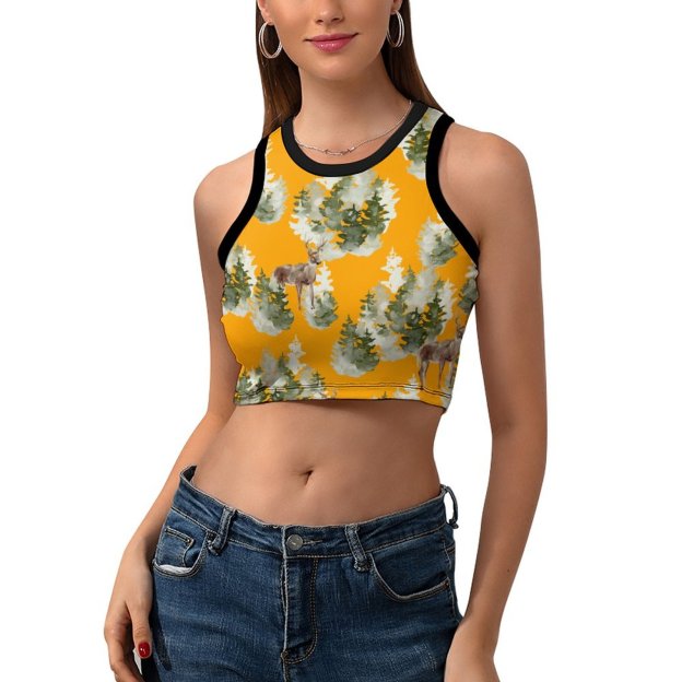 Modern Green Christmas Women's Sexy Sleeveless Crop Tops Boho Racer Back Tank Tops Slim Fit Sexy Print Shirt Tee-Charlylifestyle