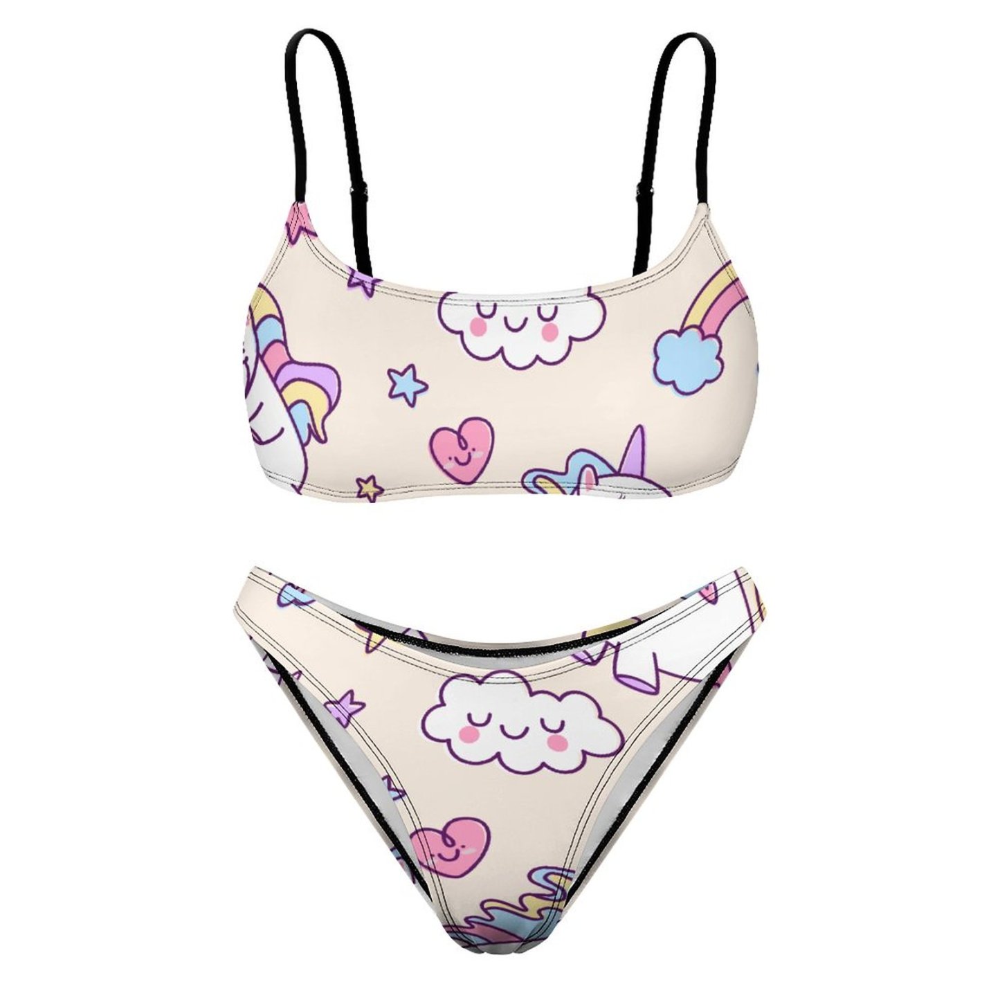 Kawaii Chubby Flying Unicorns Rainbow 2 Piece Bikini Swimsuit Women Wireless High Waist Bathing Suit
