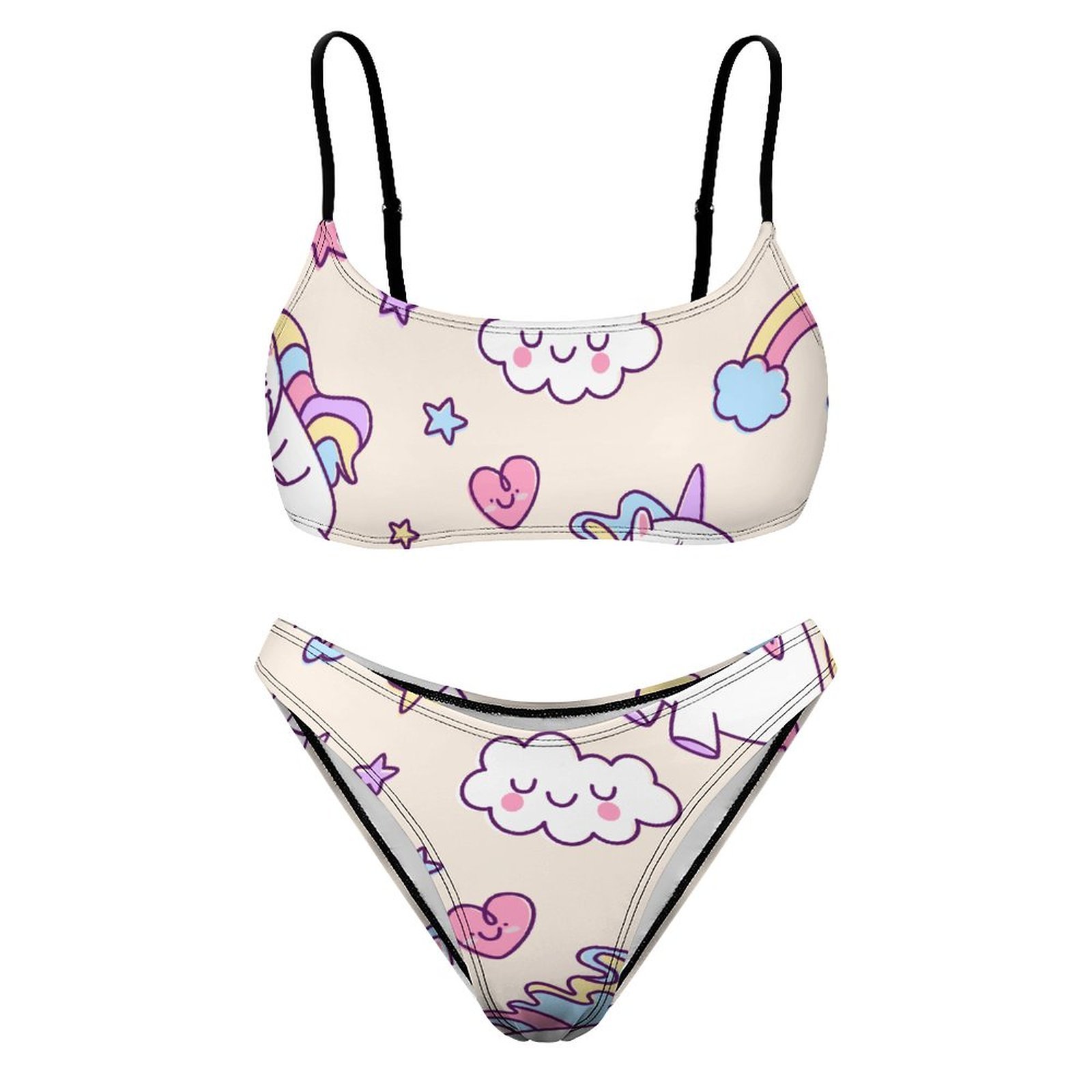 Kawaii Chubby Flying Unicorns Rainbow 2 Piece Bikini Swimsuit Women Wireless High Waist Bathing Suit