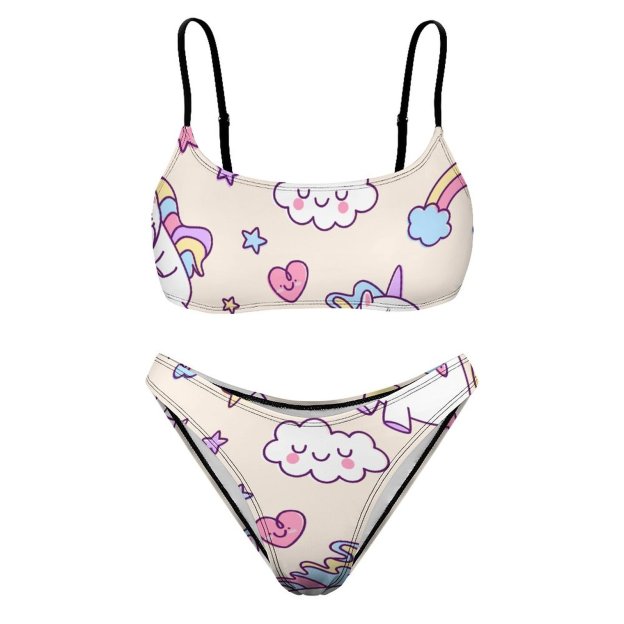 Kawaii Chubby Flying Unicorns Rainbow 2 Piece Bikini Swimsuit Women Wireless High Waist Bathing Suit