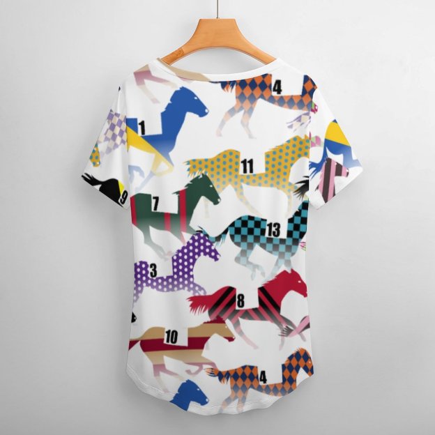 Off To The Horse Races Jockey Silk Womens Summer Casual T Shirts Boho Full Print Short Sleeve Loose Hippie Tunic Tops-Charlylifestyle