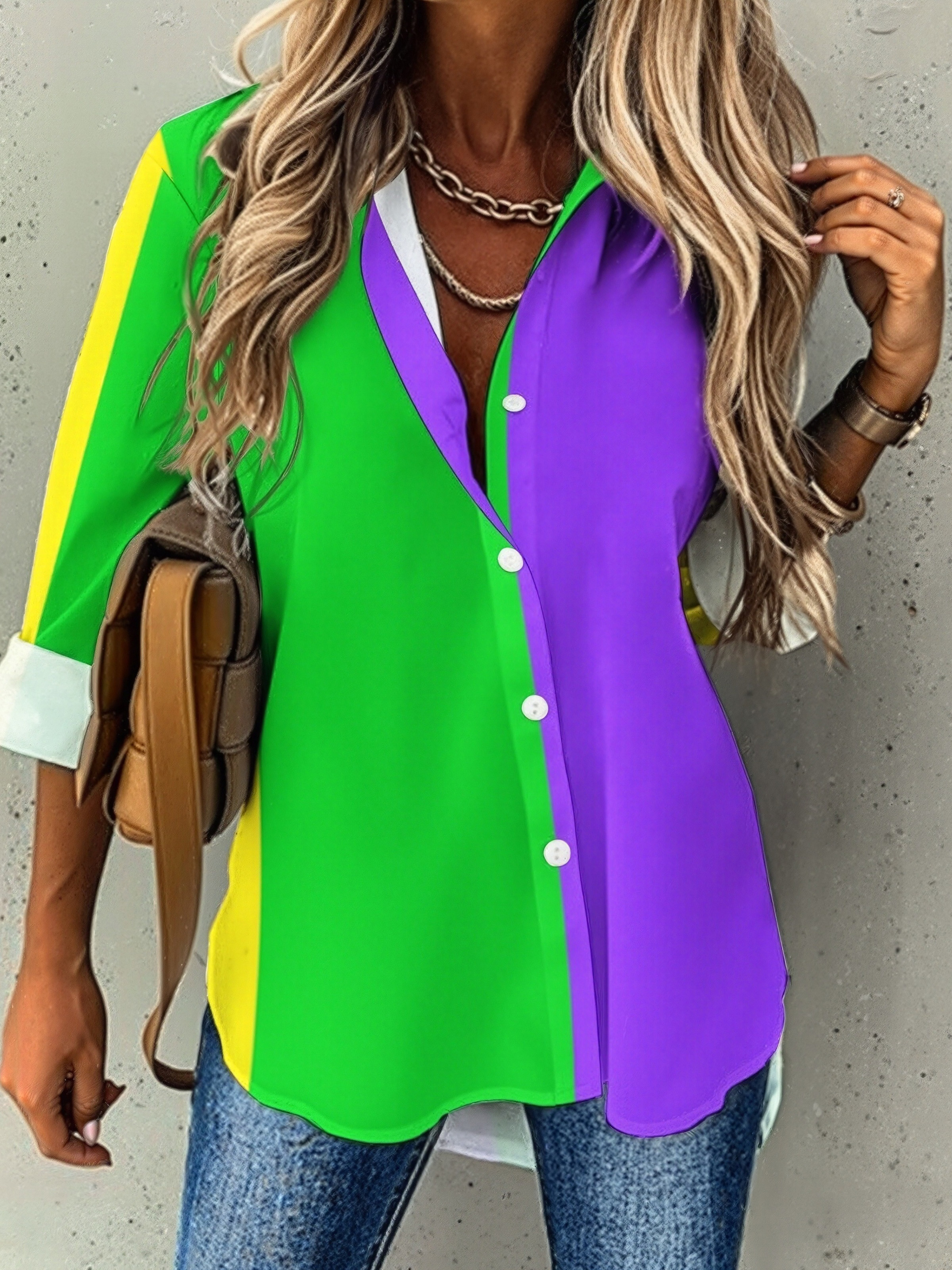 Mardi Gras Colors New Orleans Striped Button Down V Neck Shirts Long Sleeve Blouse Roll Up Cuffed Sleeve Casual Shirt Tops