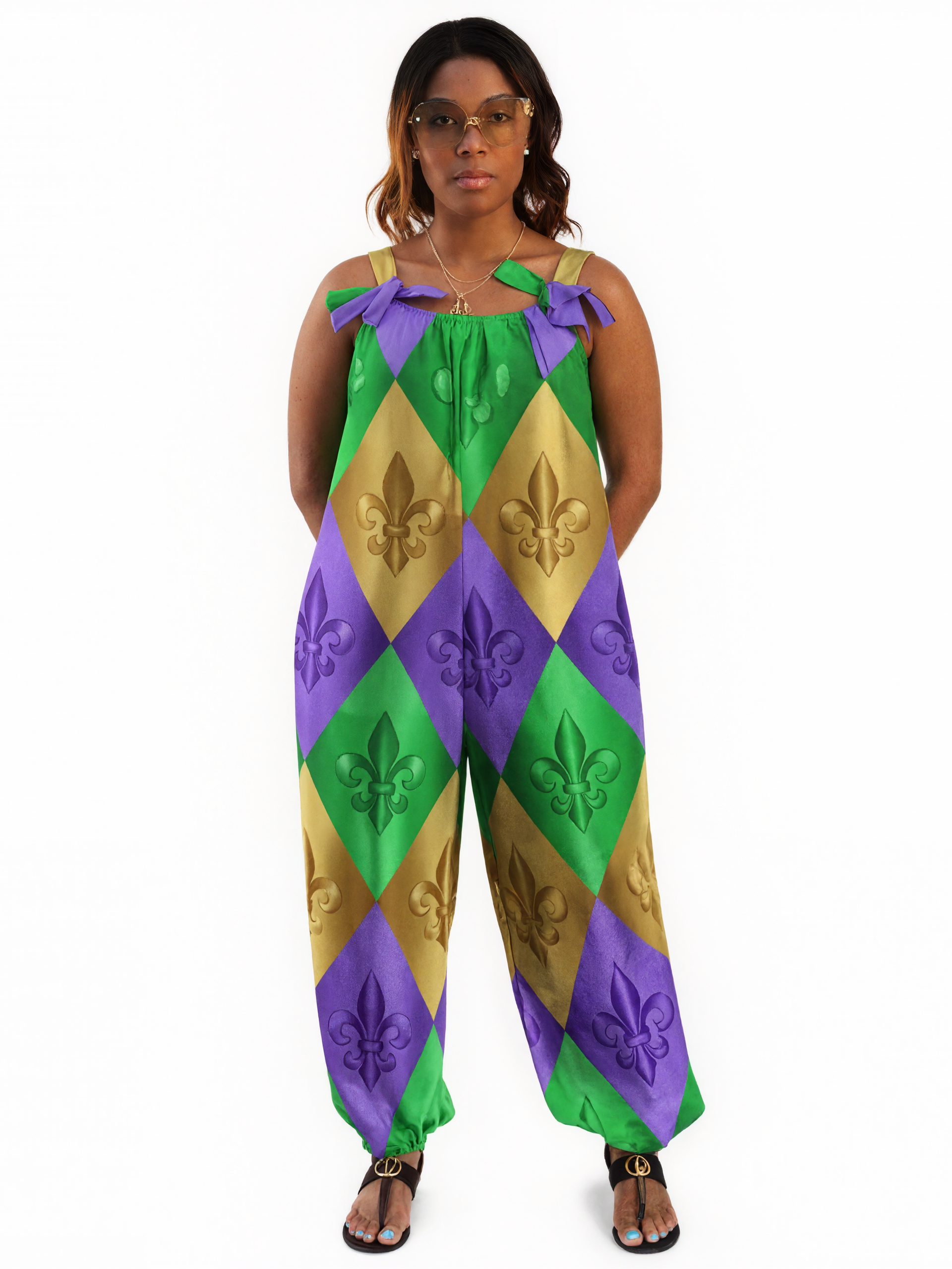 Women Mardi Gras Harlequin Fleur De Lis Print Loose Fit Baggy Harem Overall Jumpsuit Tie Spaghetti Strap Long Pants Rompers