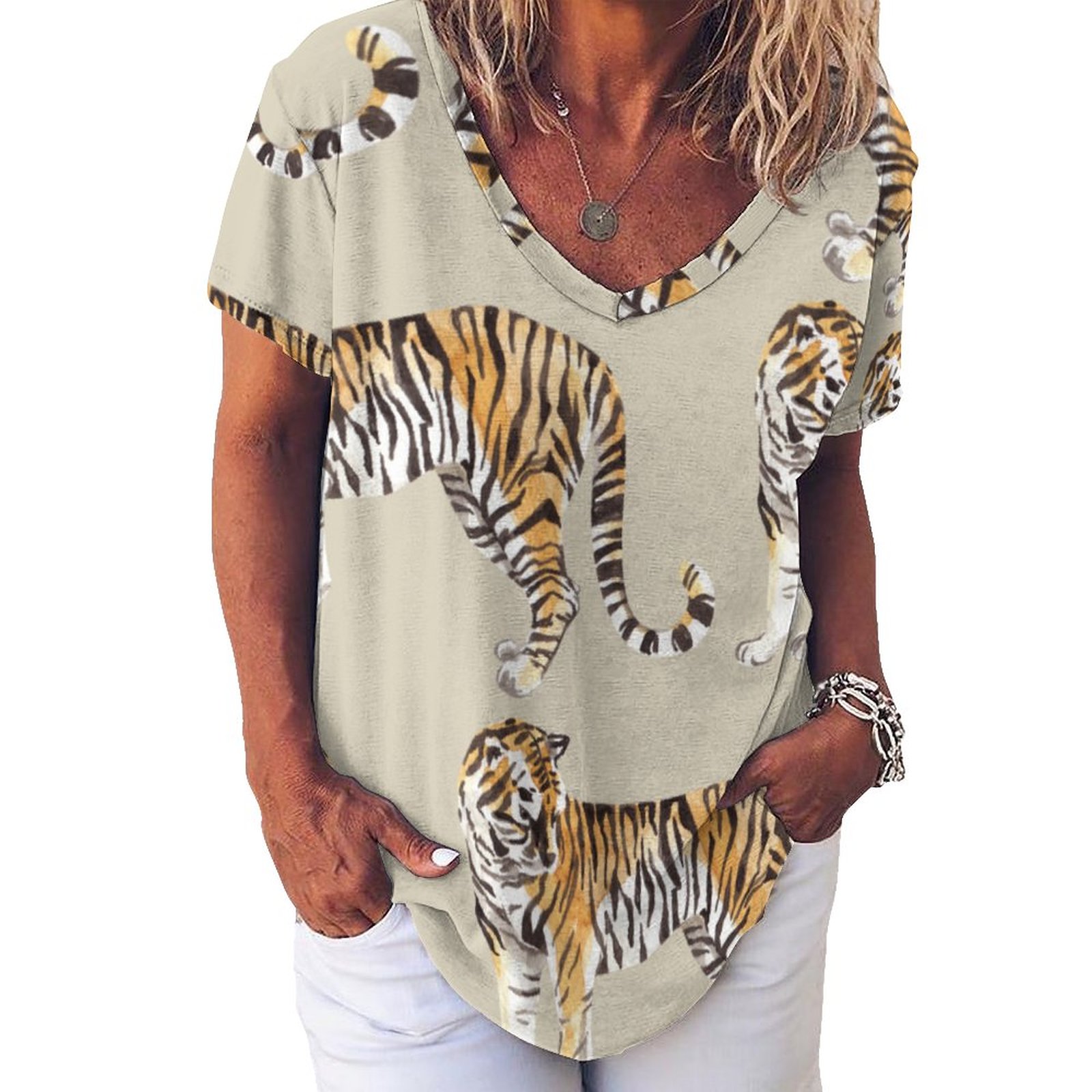 Modern Tropical Watercolor Tigers Wild Womens Summer Casual T Shirts Boho Full Print Short Sleeve Loose Hippie Tunic Tops-Charlylifestyle
