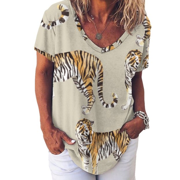 Modern Tropical Watercolor Tigers Wild Womens Summer Casual T Shirts Boho Full Print Short Sleeve Loose Hippie Tunic Tops-Charlylifestyle
