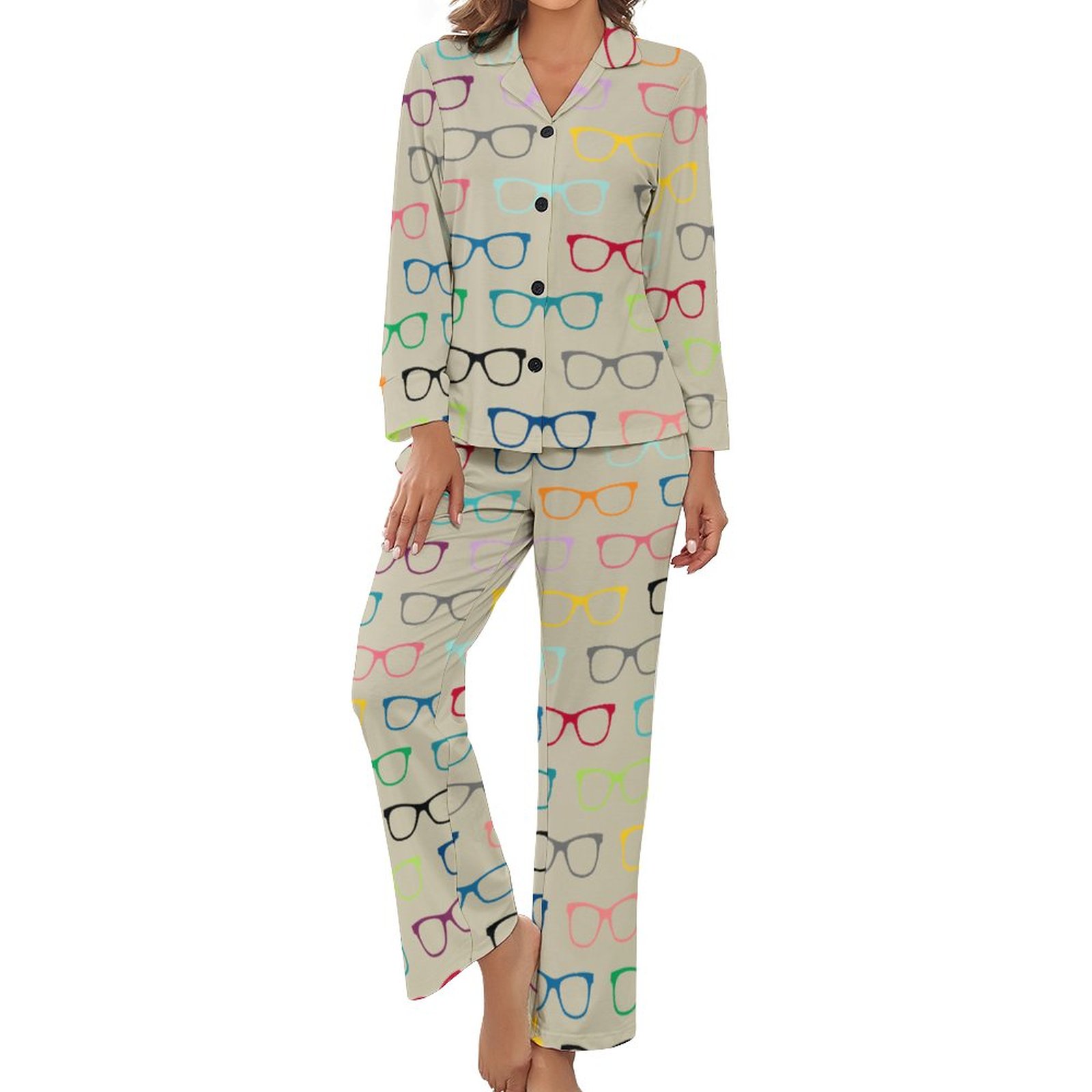 Multi Color Eyeglasses Print Women Long Sleeve Two Piece Sleepwear Sof