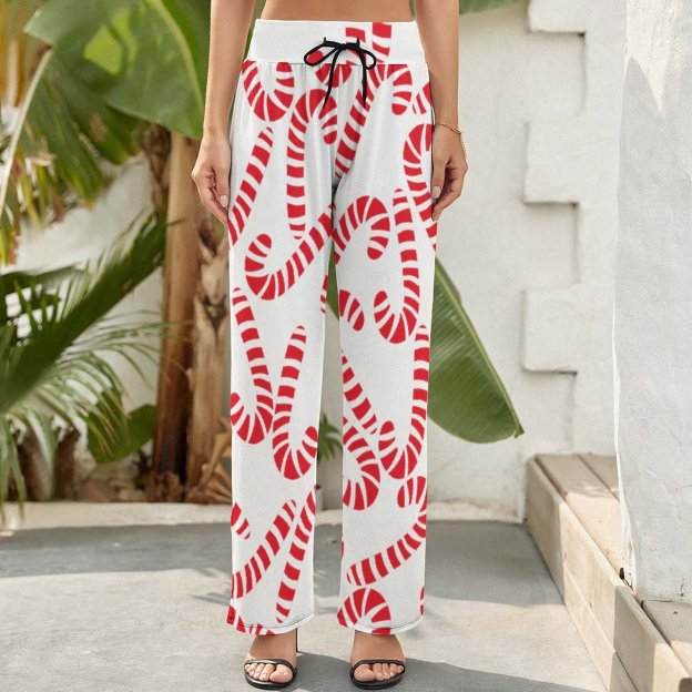Light Pink Red Candy Cane Printed Women's High Waist Wide Leg Long Palazzo Lounge Pants-Charlylifestyle