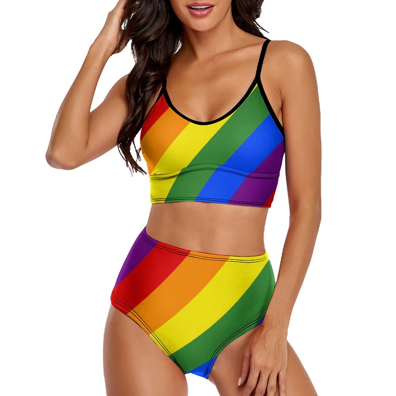 Lgbt Pride Diagonal Rainbow Stripe Women Reversible Bandeau Top Two Piece Bikini Set Summer Swimwear
