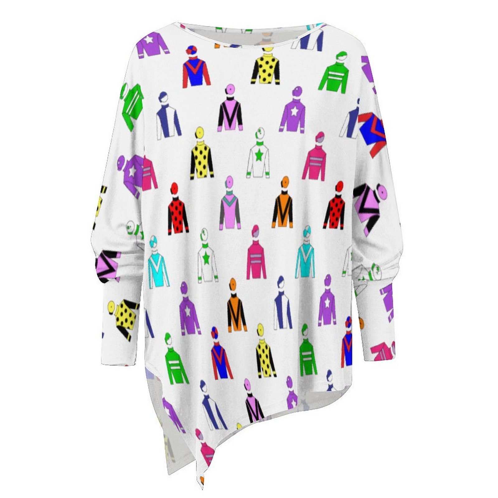 Jockey Silks Horse Rider Plus Size Hanky Hem Tops Long Sleeve Women Tunic High Low Asymmetrical Shirt