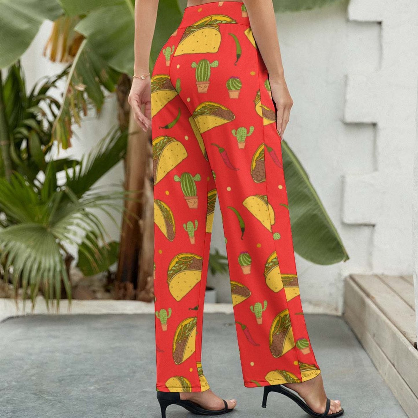 Mexican Tacos Chillies Printed Women's High Waist Wide Leg Long Palazzo Lounge Pants-Charlylifestyle