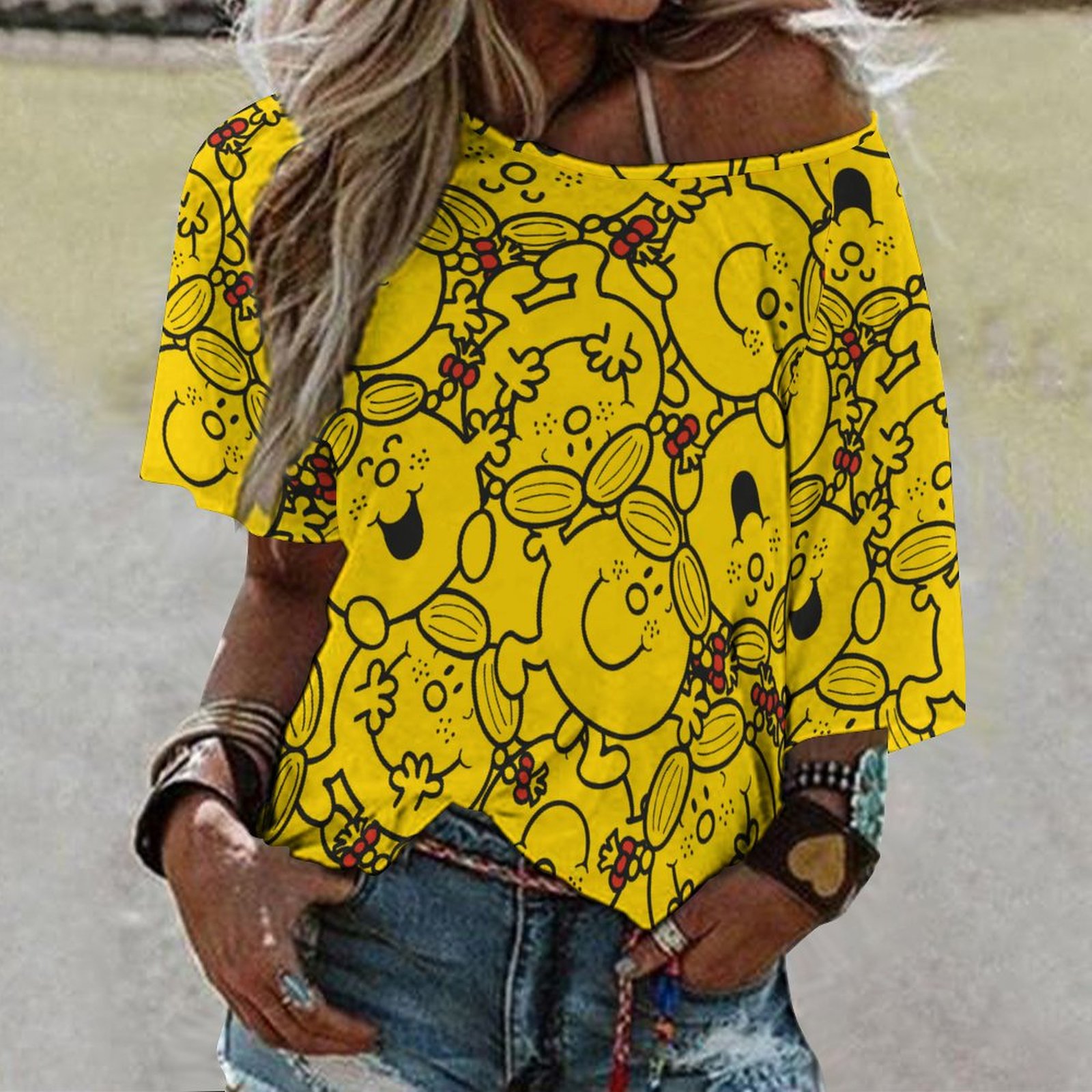 Little Miss Sunshine Fun Yellow Smiles 3/4 Bell Sleeve T-Shirt Elbow Length Basic Tunics Tops for Women-Charlylifestyle