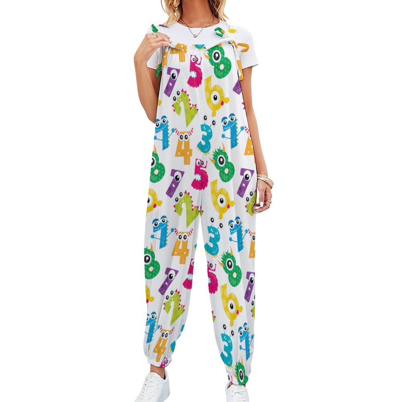 Women Monster Numbers School Teacher Math Print Loose Fit Baggy Harem Overall Jumpsuit Tie Spaghetti Strap Long Pants Rompers
