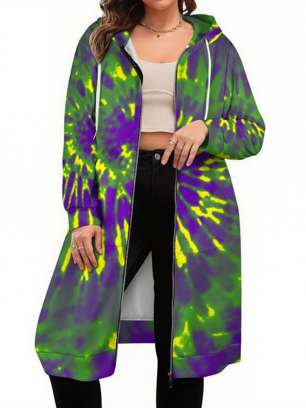 Mardi Gras Tie Dye Zip Up Long Hoodie Jacket Coat Women Tunic Sweatshirt Loose Plus Size Open Front Cardigan Outfits