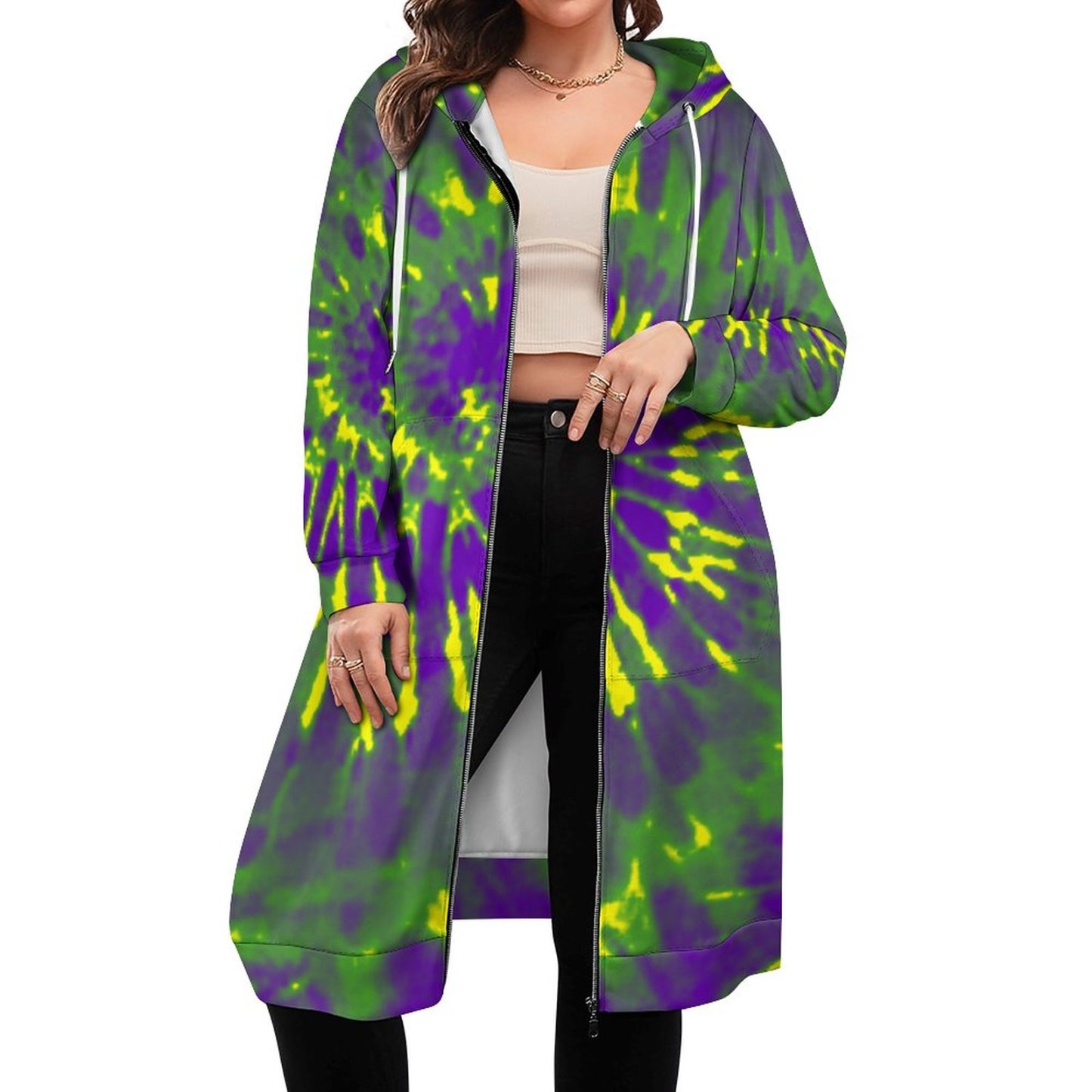 Mardi Gras Tie Dye Zip Up Long Hoodie Jacket Coat Women Tunic Sweatshirt Loose Plus Size Open Front Cardigan Outfits