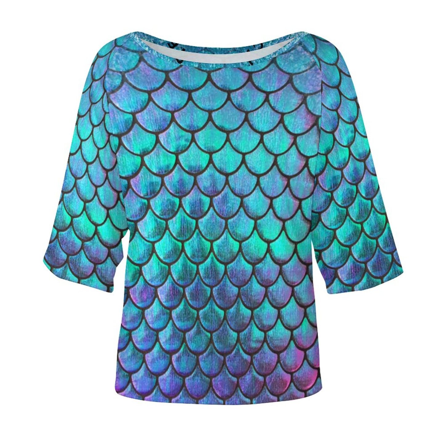 S-5XL Summer Mermaid Fish Scale 3/4 Bell Sleeve T-Shirt Elbow Length Basic hippie Tunics Tops for Women-Charlylifestyle