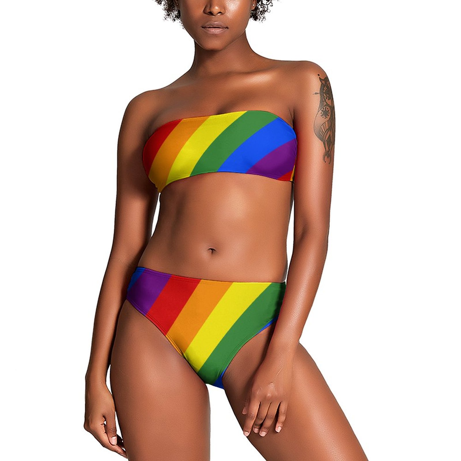 Lgbt Pride Diagonal Rainbow Stripe Women Reversible Bandeau Top Two Piece Bikini Set Summer Swimwear