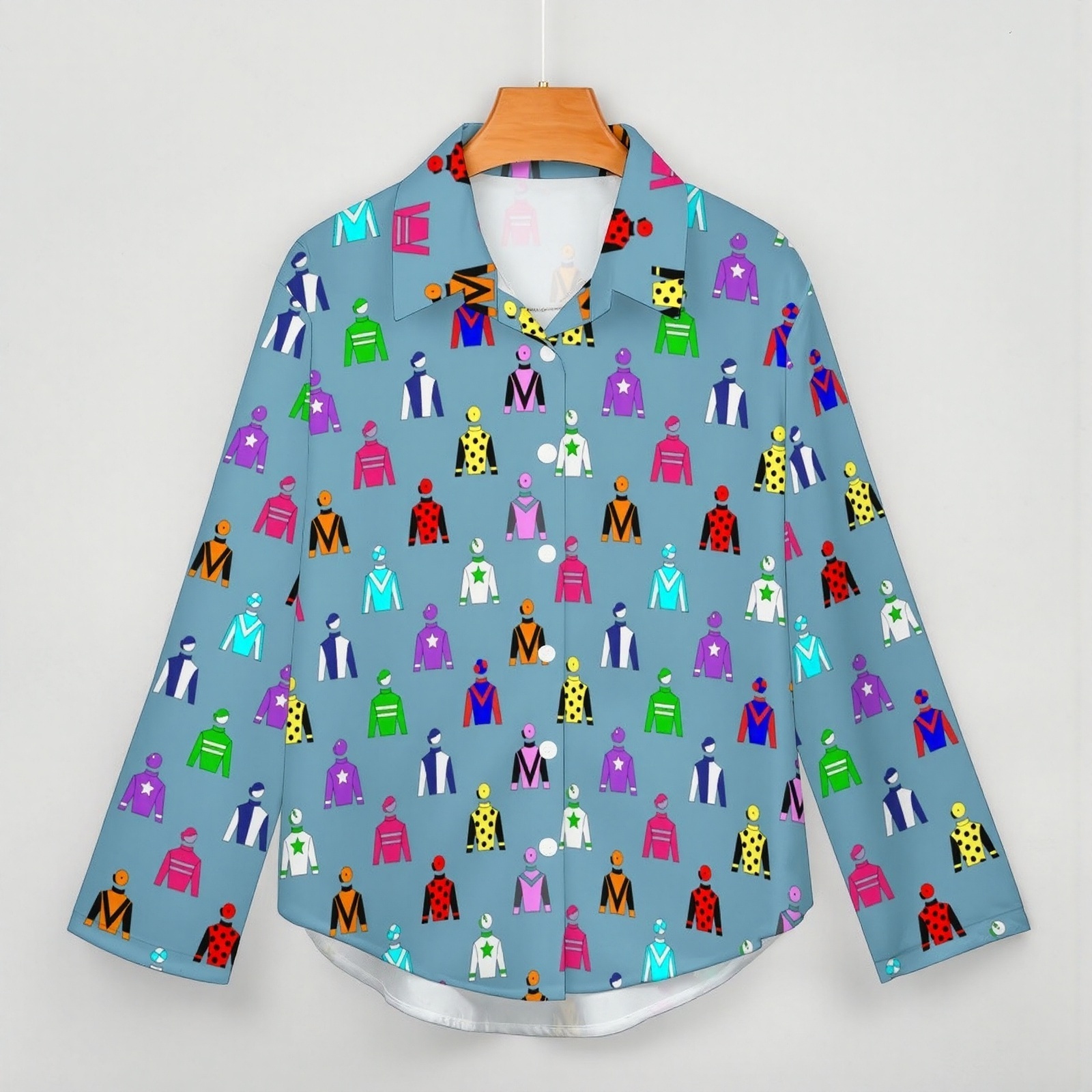 Jockey Silks Horse Rider Button Down V Neck Shirts Long Sleeve Blouse Roll Up Cuffed Sleeve Casual Shirt Tops