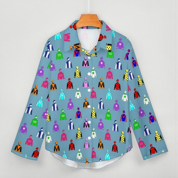 Jockey Silks Horse Rider Button Down V Neck Shirts Long Sleeve Blouse Roll Up Cuffed Sleeve Casual Shirt Tops