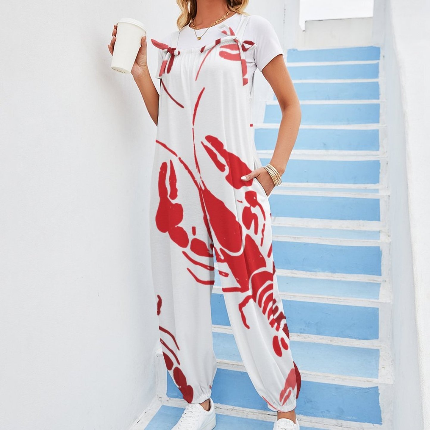 Women Lobster Bake Or Crawfish Boil Retro Print Loose Fit Baggy Harem Overall Jumpsuit Tie Spaghetti Strap Long Pants Rompers