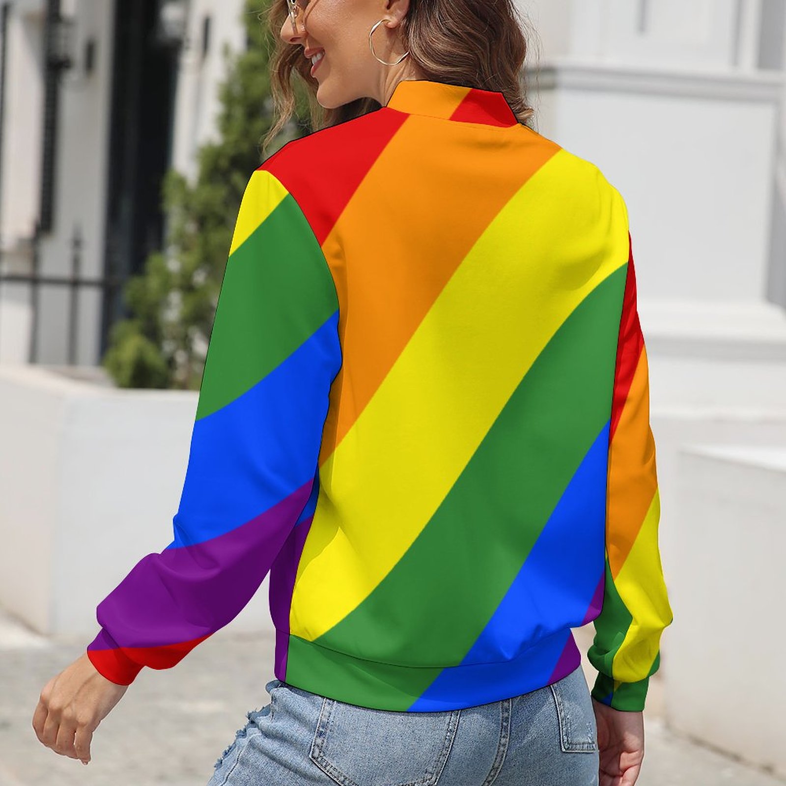 Women Zipper Front Lgbt Pride Diagonal Rainbow Stripe Print Long Sleeve Jackets Baseball Collar Casual Work Office Blazer