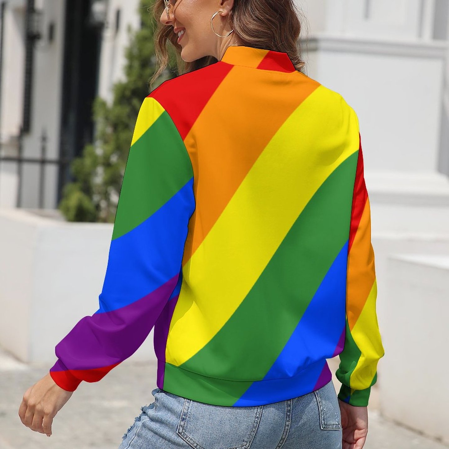 Women Zipper Front Lgbt Pride Diagonal Rainbow Stripe Print Long Sleeve Jackets Baseball Collar Casual Work Office Blazer