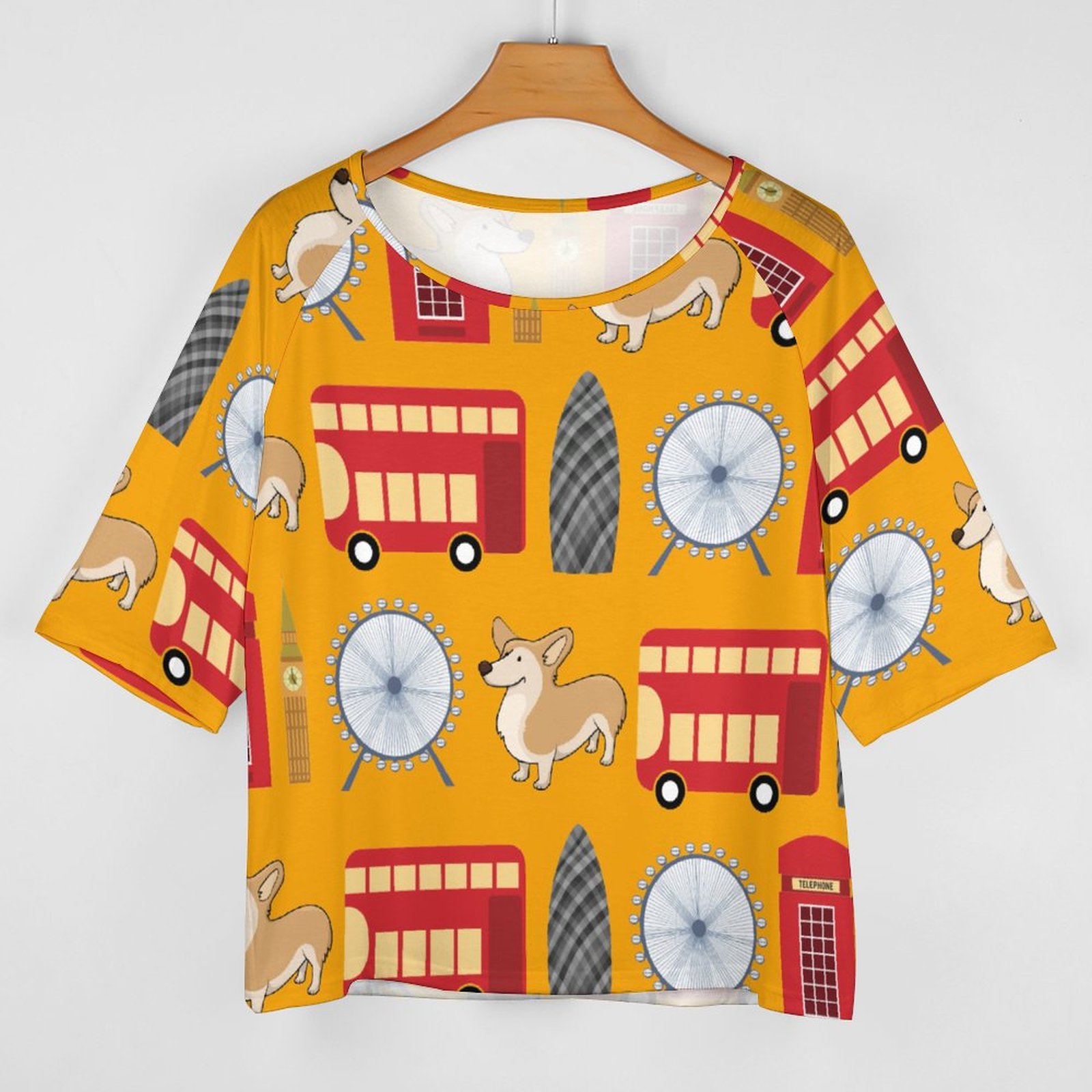 S-5XL London Icon And Corgi Collage O Neck Batwing Half Sleeve Shirts Women Loose Blouse Print Tops-Charlylifestyle