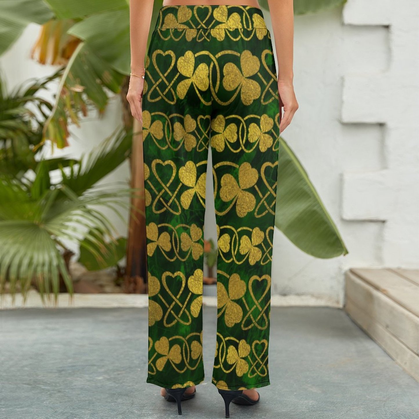 S-2XL Irish Shamrock Clover Gold And Green Women's High Waist Wide Leg Long Palazzo Lounge Pants-Charlylifestyle