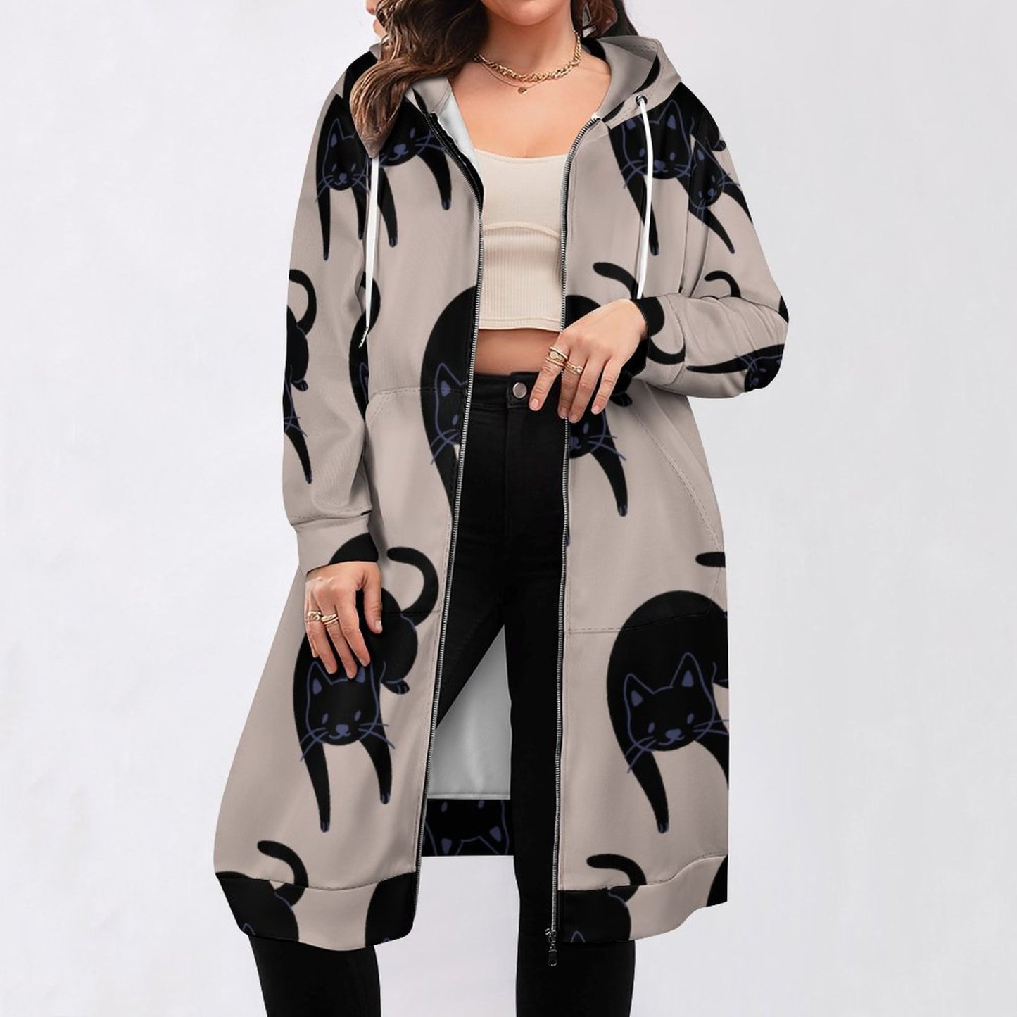 Kitty Voices Black Cat Zip Up Long Hoodie Jacket Coat Women Tunic Sweatshirt Loose Plus Size Open Front Cardigan Outfits