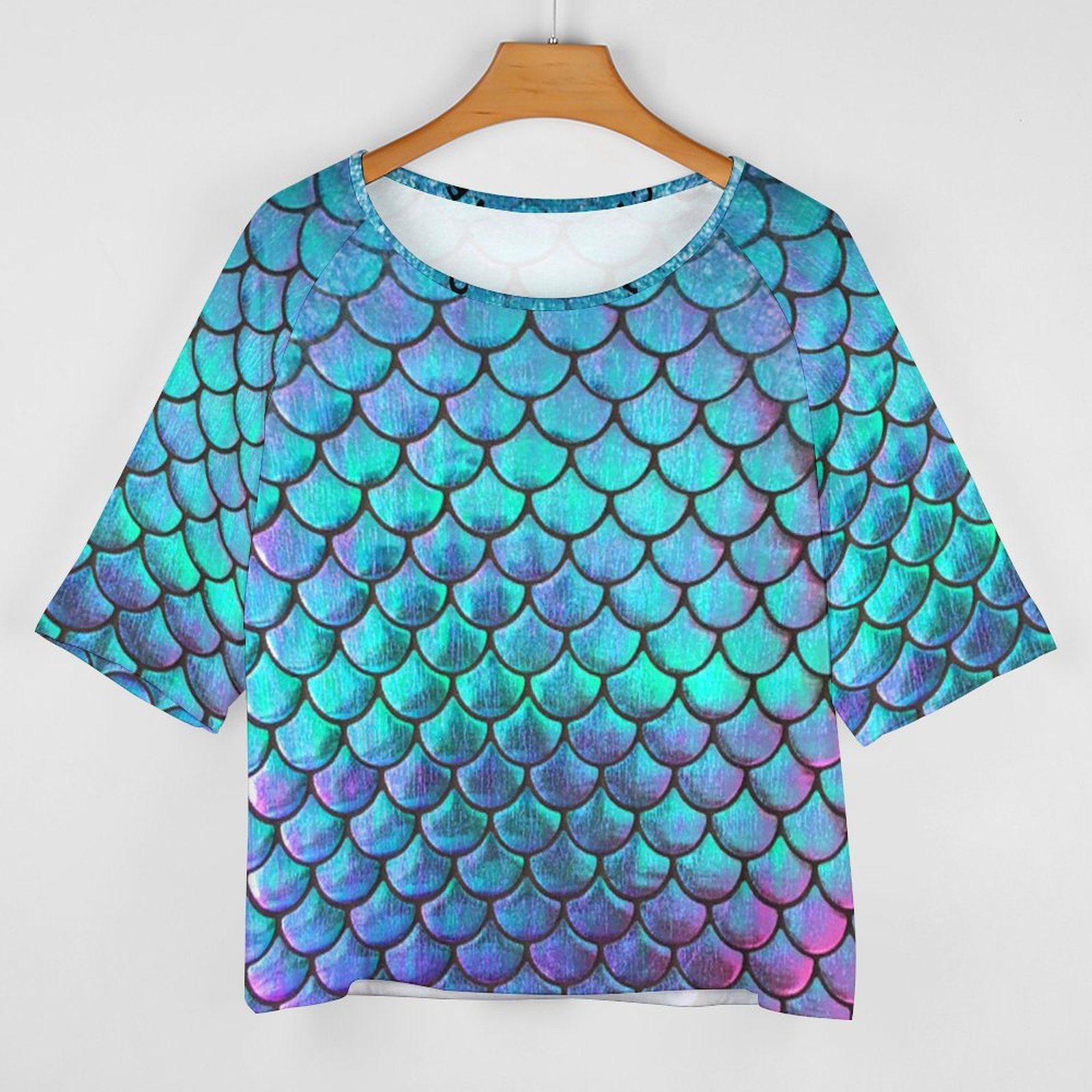 S-5XL Summer Mermaid Fish Scale 3/4 Bell Sleeve T-Shirt Elbow Length Basic hippie Tunics Tops for Women-Charlylifestyle
