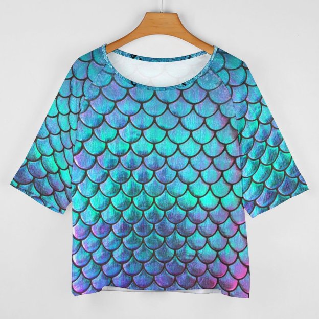 S-5XL Summer Mermaid Fish Scale 3/4 Bell Sleeve T-Shirt Elbow Length Basic hippie Tunics Tops for Women-Charlylifestyle
