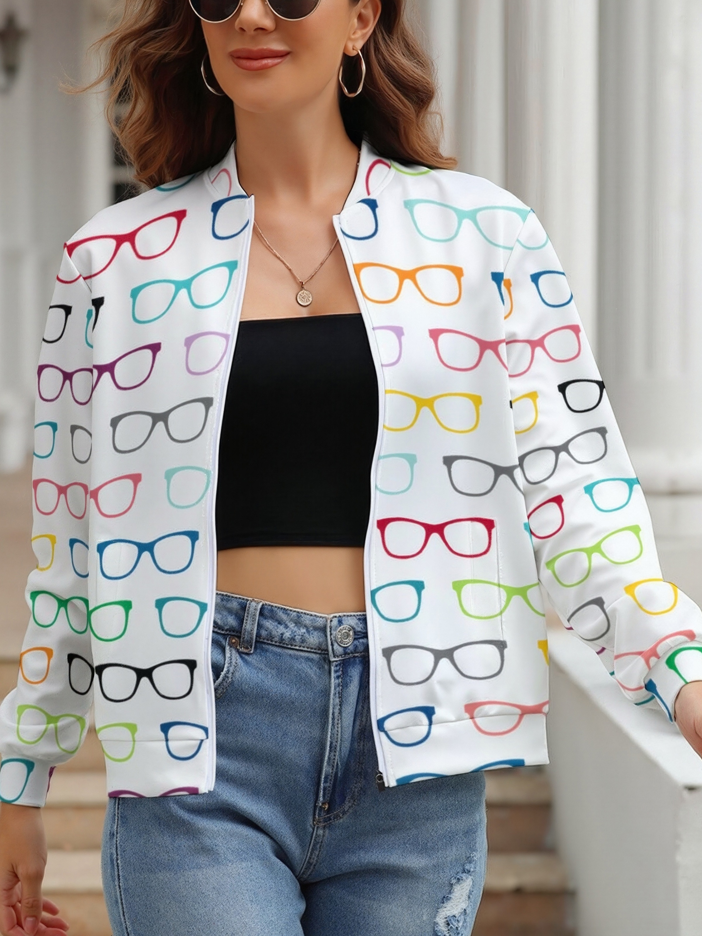 Women Zipper Front Multi Color Eyeglasses Print Long Sleeve Jackets Baseball Collar Casual Work Office Blazer