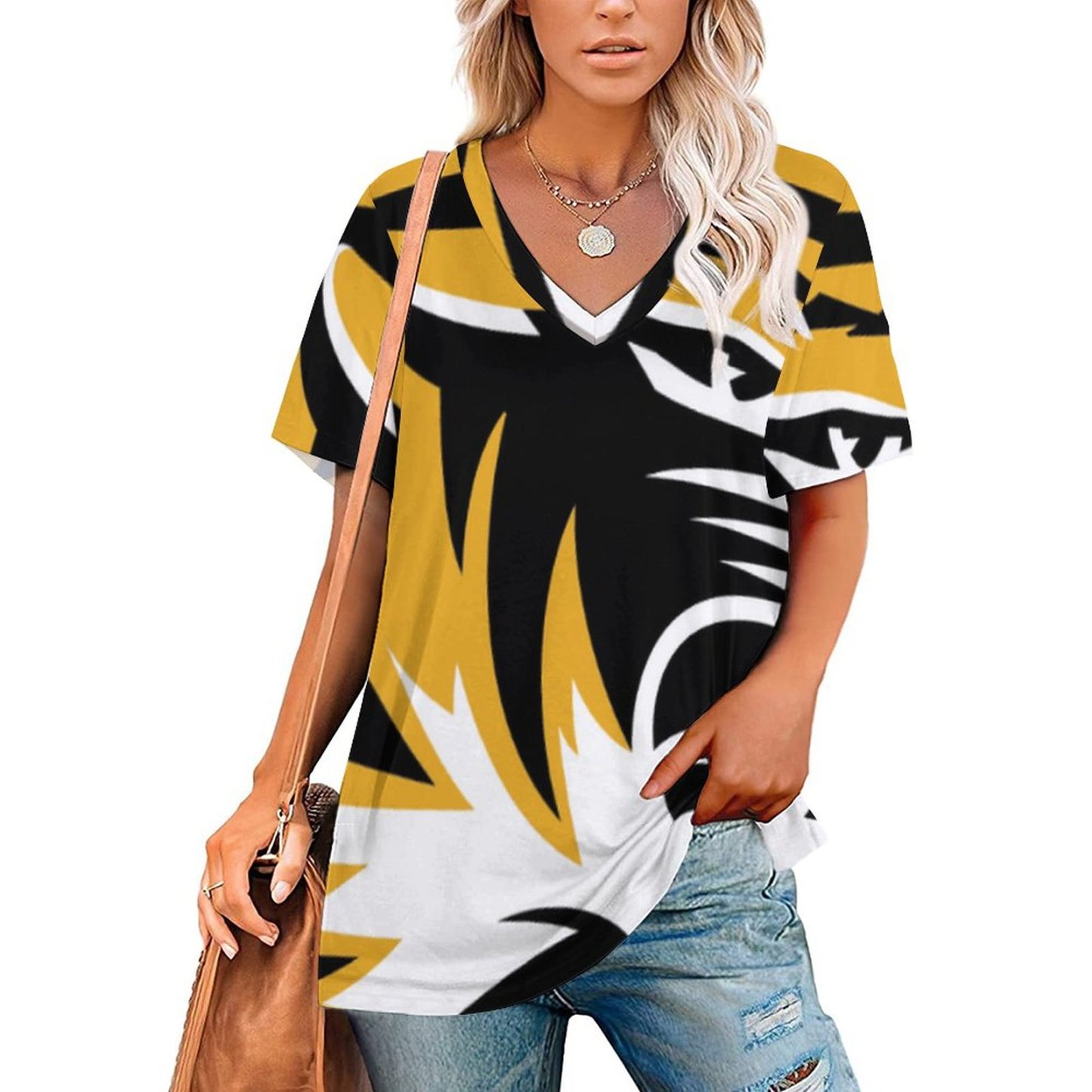 Mizzou Tiger Stripe Womens Summer Casual T Shirts Boho Full Print Short Sleeve Loose Hippie Tunic Tops-Charlylifestyle