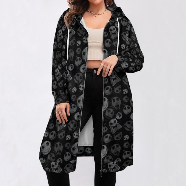 Funny Jack Skellington Pattern Zip Up Long Hoodie Jacket Coat Women Tunic Sweatshirt Plus Size Open Front Cardigan Outfits