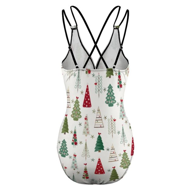 Modern Minimalist Christmas Tree Halter Backless Ruched One-Piece Swimsuit Tummy Control V Neck Bathing Suits