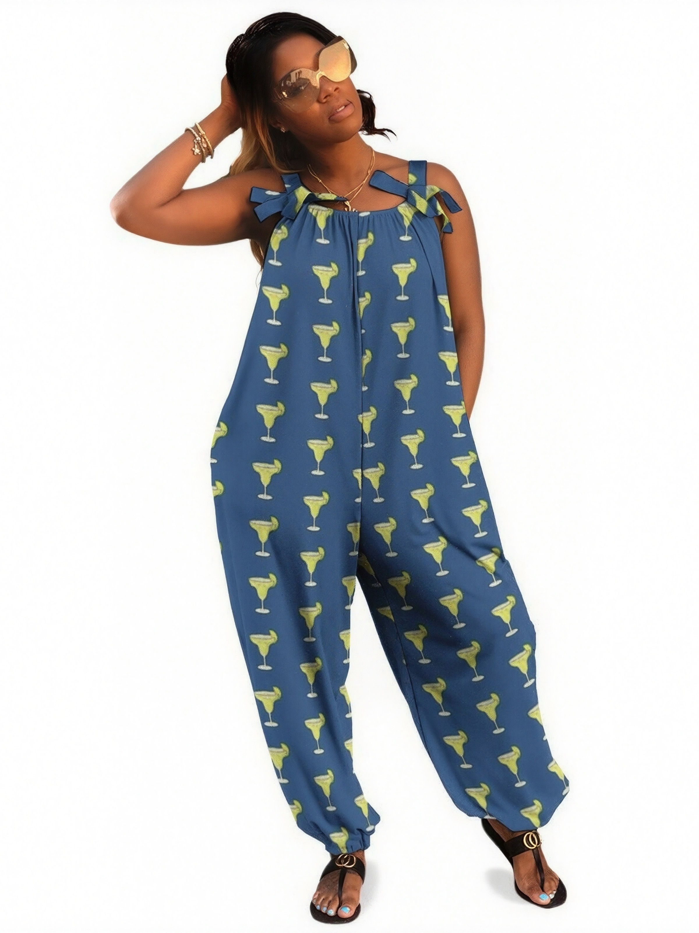 Women Margarita Cocktail Print Loose Fit Baggy Harem Overall Jumpsuit Tie Spaghetti Strap Casual Long Pants Rompers
