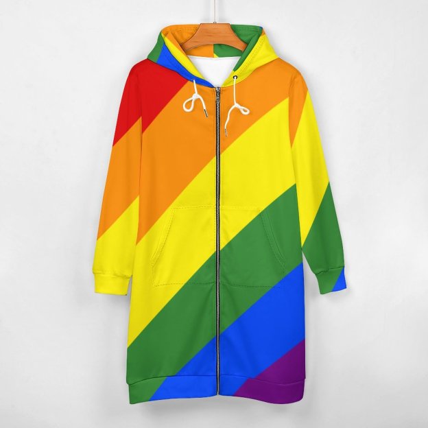 Lgbt Pride Diagonal Rainbow Stripe Zip Up Long Hoodie Jacket Women Tunic Sweatshirt Plus Size Open Front Cardigan Outfits