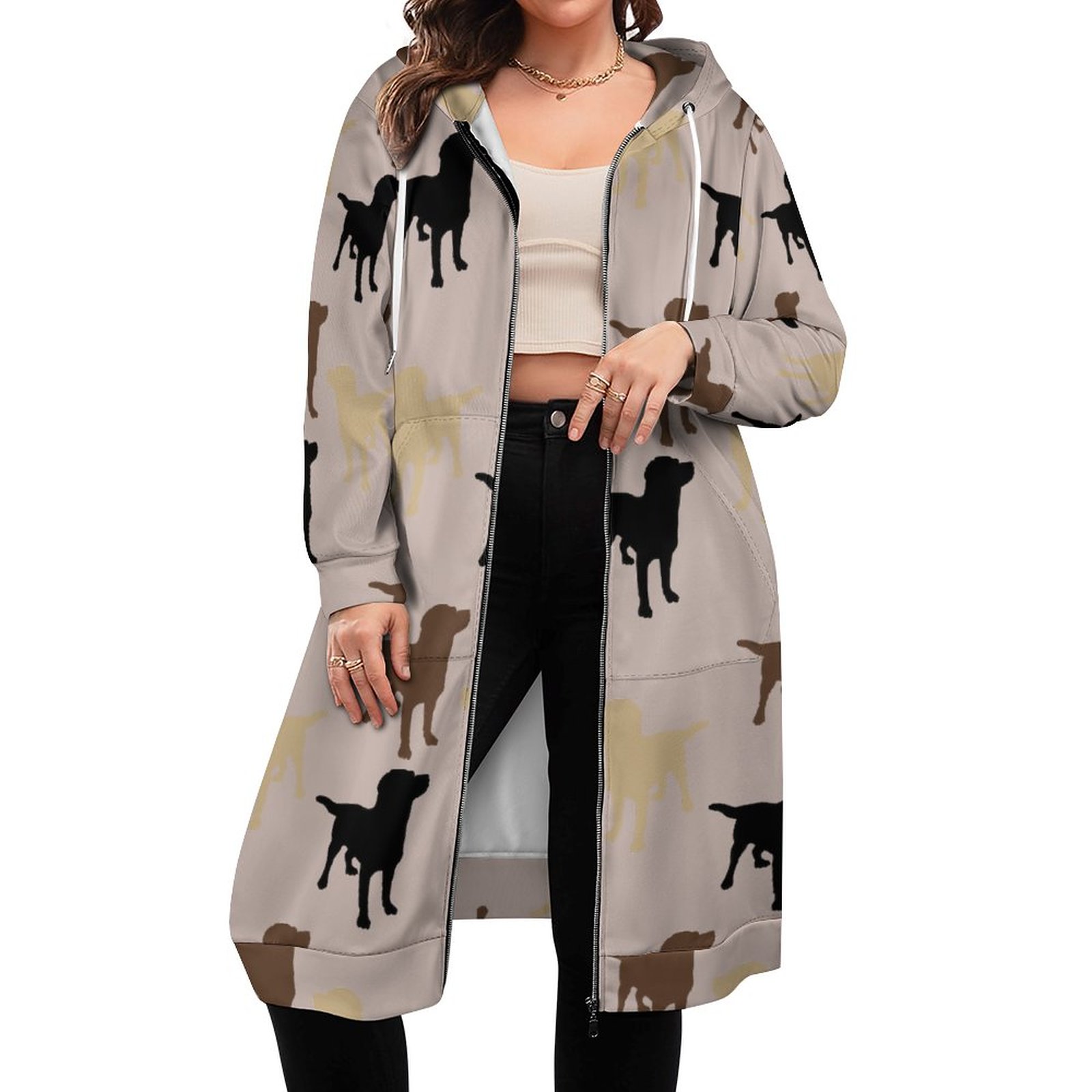Labrador Retriever Dog Silhouette Zip Up Long Hoodie Jacket Women Tunic Sweatshirt Plus Size Open Front Cardigan Outfits