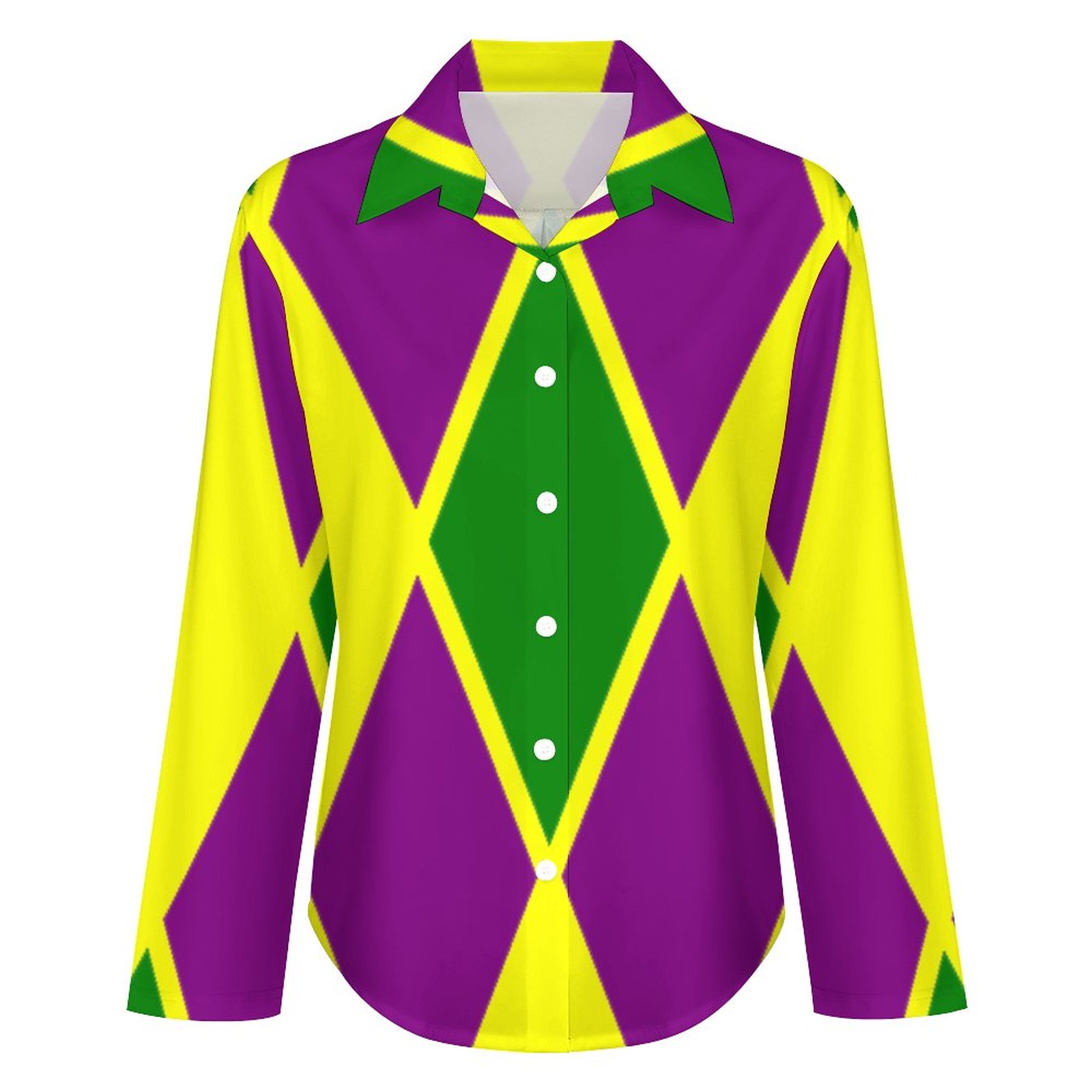 Mardi Gras Fat Tuesday Harlequin Button Down V Neck Shirts Long Sleeve Blouse Roll Up Cuffed Sleeve Casual Shirt Tops